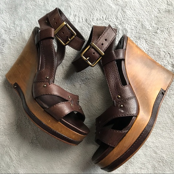 Chloe Shoes - Chloe Brown Leather Wooden Wedge Heel Sandals